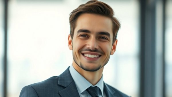 Young man smiling in an office setting.