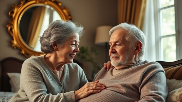 Caregiver assisting spouse in elegant bedroom setting.