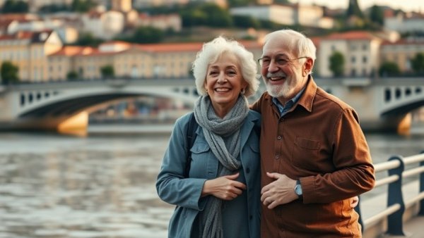 Senior couple enjoying travel near a river, avoiding travel mistakes.