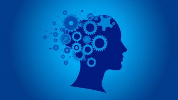 Abstract blue gears forming a head, illustrating decision-making.