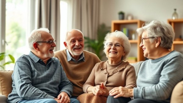 Elderly friends enjoying conversation in a cozy setting.