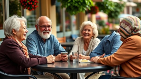 Seniors enjoying coffee and conversation at an outdoor cafe, illustrating establishing social groups for seniors.