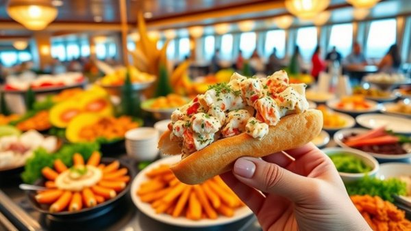 Free food hack Royal Caribbean: lavish seafood buffet and lobster roll.
