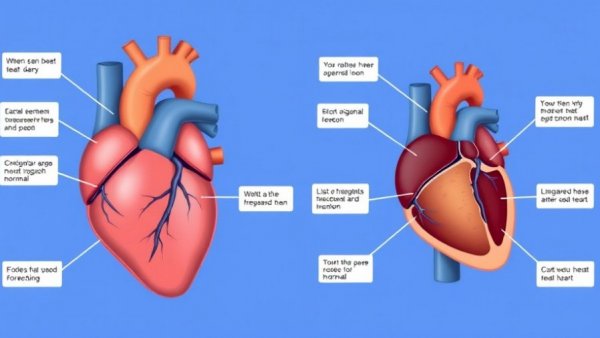 Illustrative comparison of normal and enlarged heart indicating heart failure, educational infographic.