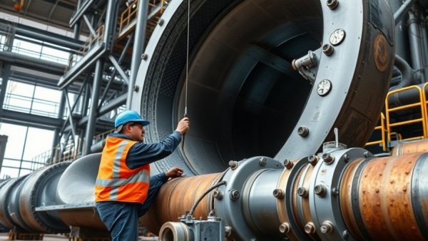 Engineers working on industrial pipes in construction setting.