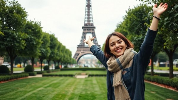 Cheerful woman enjoying solo travel in Paris with Eiffel Tower
