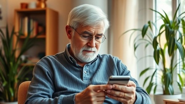 Elderly man focused using phone and credit card, AI voice scams awareness.