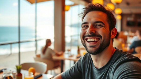 Cheerful man enjoying brunch at Chops Grille with ocean view.