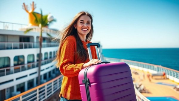 Packing advice: woman ready for cruise with suitcase near ship.