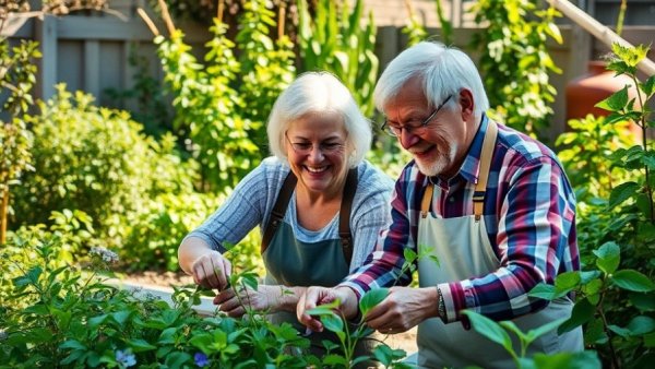 Elderly couple gardening as a budget-friendly hobby for retirees.