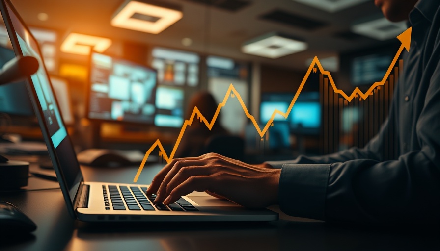 Financial graph overlay on laptop in office, financial education New Zealand theme.