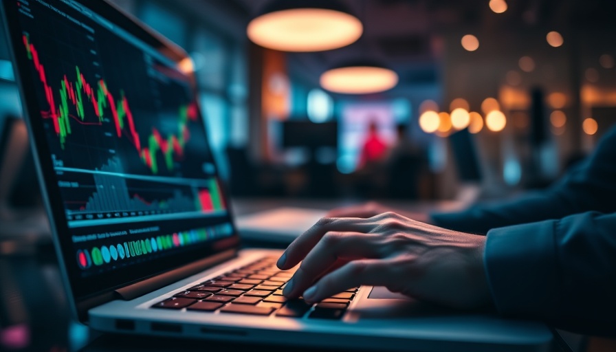 Dimly lit investment analysis scene with stock charts overlay.