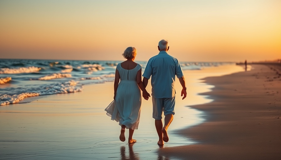 Older couple walking on beach at sunset holding hands, retirement planning tips.