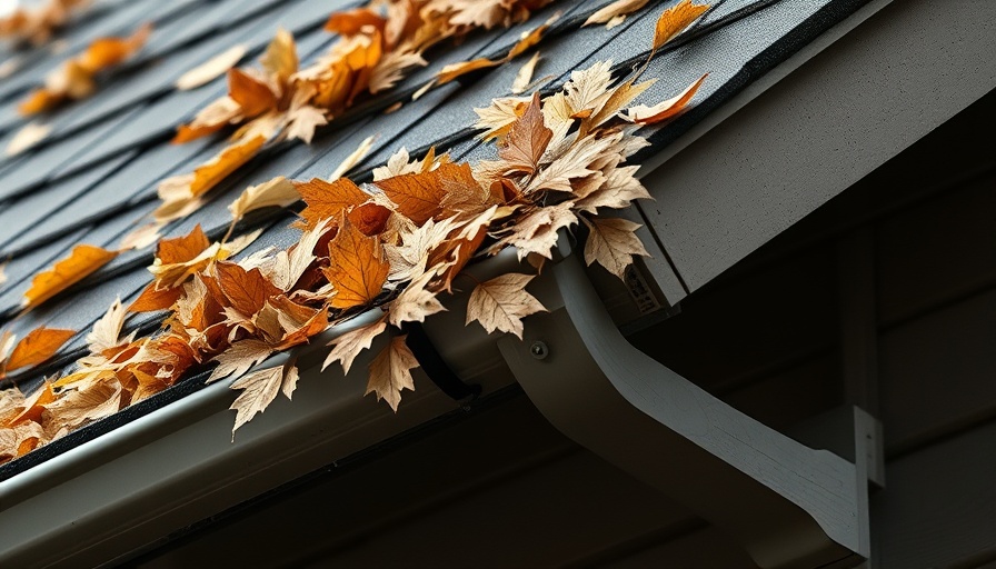 Roof gutter filled with leaves for winter home maintenance.