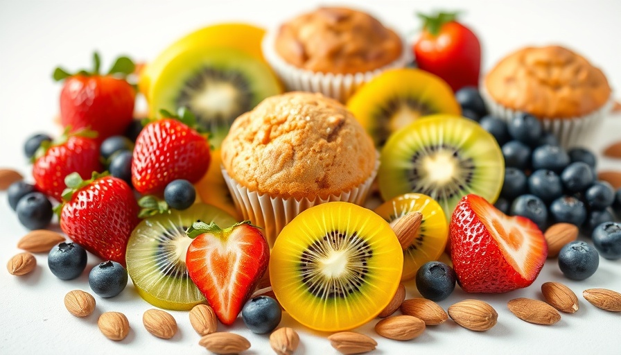 Colorful fruits and muffins composition addressing nutrition challenges for seniors.