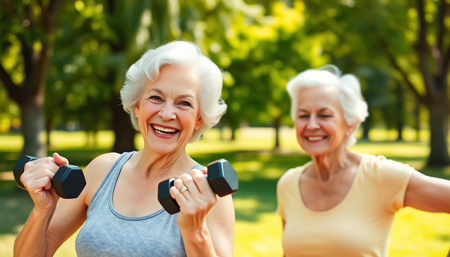 Morning routine for retirees: Older women exercising with dumbbells in a park.
