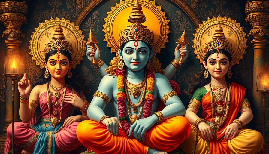 Hindu deities artwork in colorful divine setting, Travel Adventures in India.