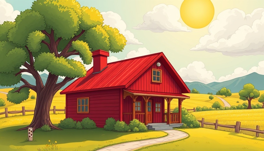Simplistic cartoon of a red house and tree under a sunny sky.