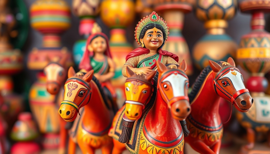 Colorful Indian wooden figures riding horses among artifacts, depicting vibrant culture.