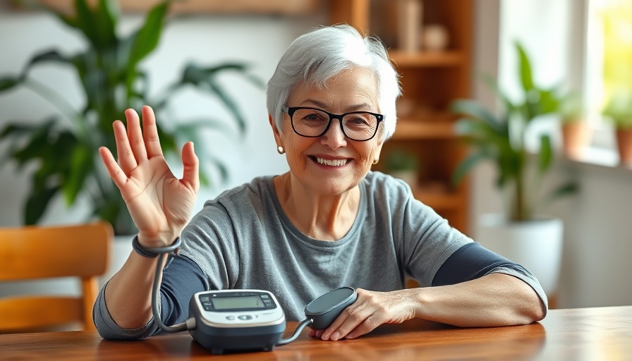 Senior woman using a home blood pressure monitor, making an okay gesture.