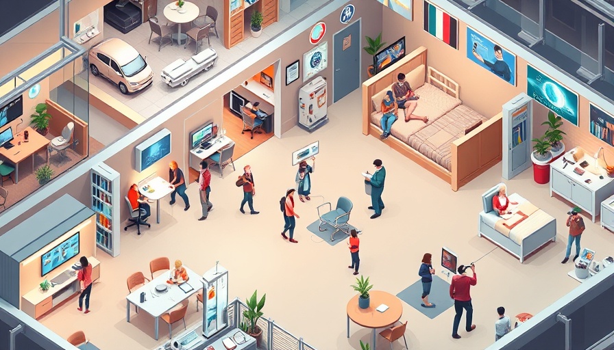 Isometric illustration of AI and remote monitoring in assisted living.