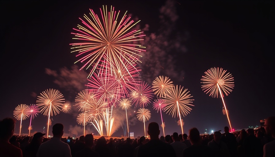Spectacular types of fireworks illuminating night sky with crowd.