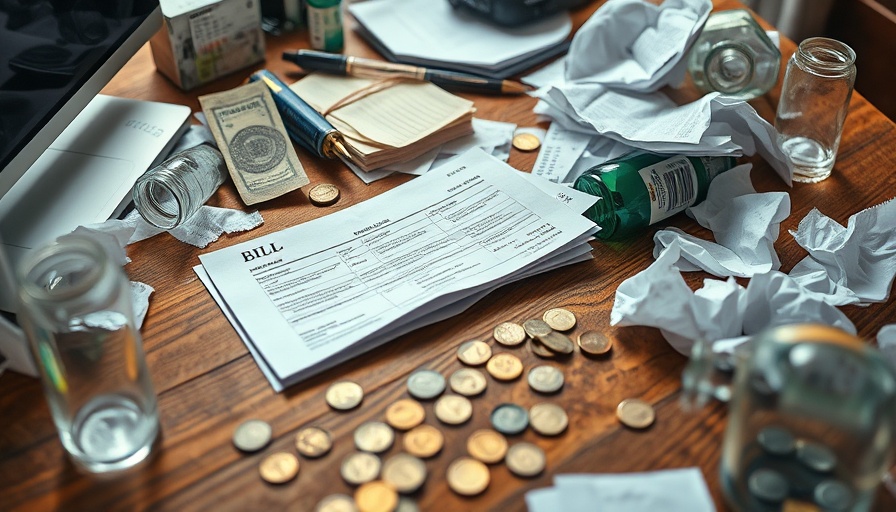 Chaotic desk scene illustrating financial stress with overdue bills.