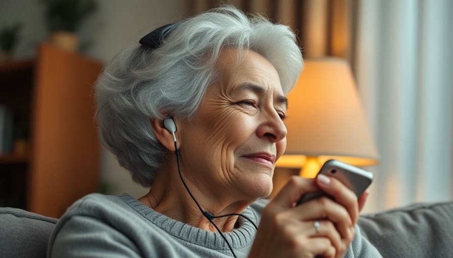 Elderly woman enjoying podcasts for retirees with earbuds, serenity.