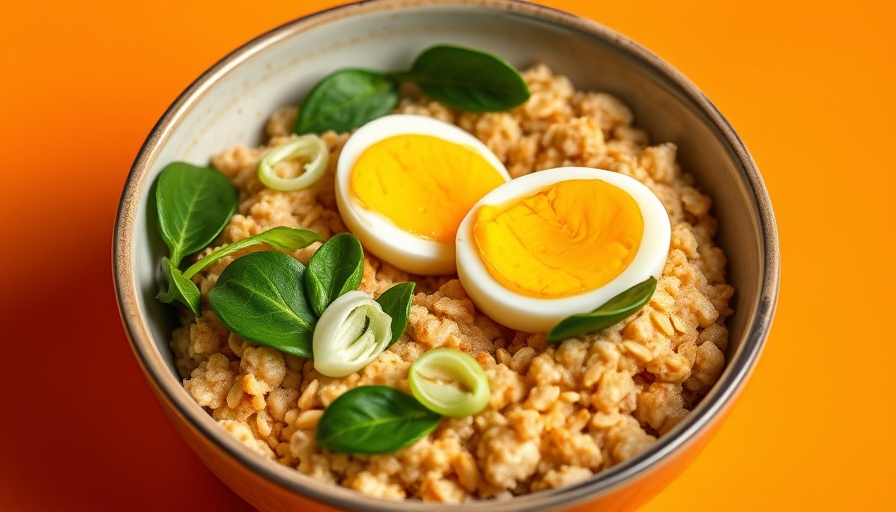 Bowl of oatmeal with eggs and greens on orange background.
