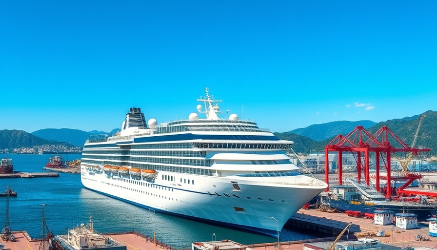 Caledonian Sky cruise ship docked in European port with mountains.