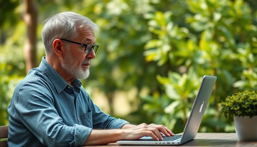 Older man working on laptop amidst greenery, starting a retirement business.