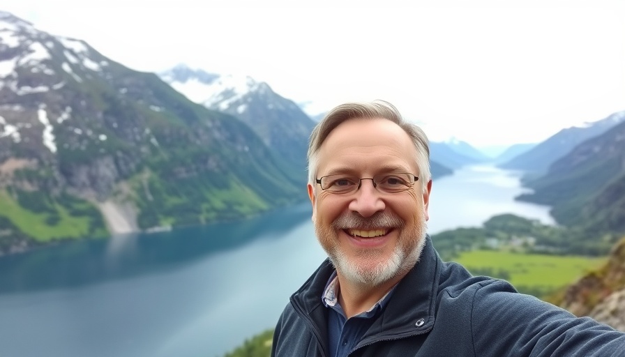 Smiling man on a Norwegian fjords cruise experience with scenic view.