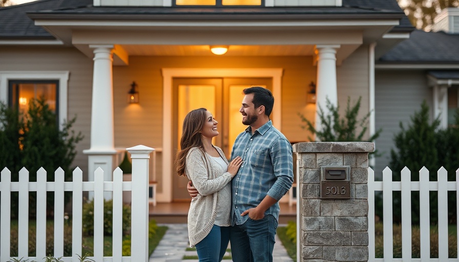 Happy couple in front of modern house in New Zealand, selling rental property.