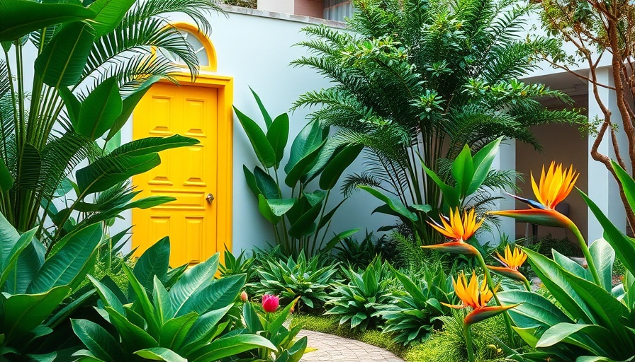 Modern New Zealand property exterior with lush garden and yellow door.