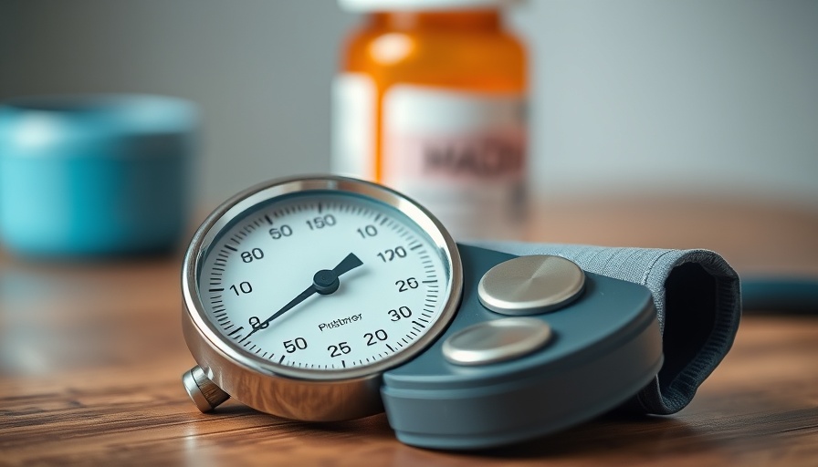 Classic analog home blood pressure monitor on wooden surface, with prescription bottle.
