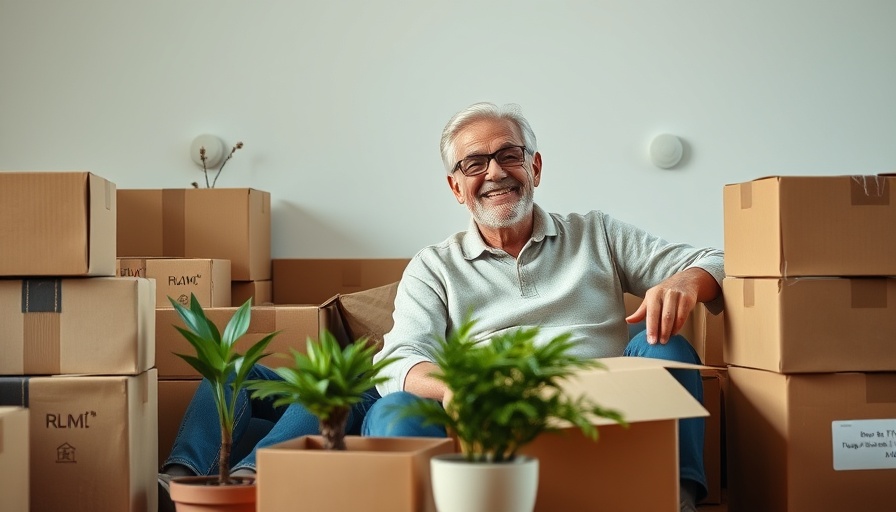 Senior couple smiling while sitting among moving boxes, downsizing for seniors.