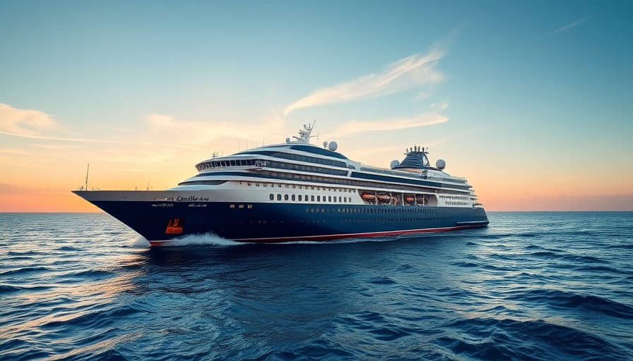 Luxurious Oceania Allura cruise ship sailing at sunset.