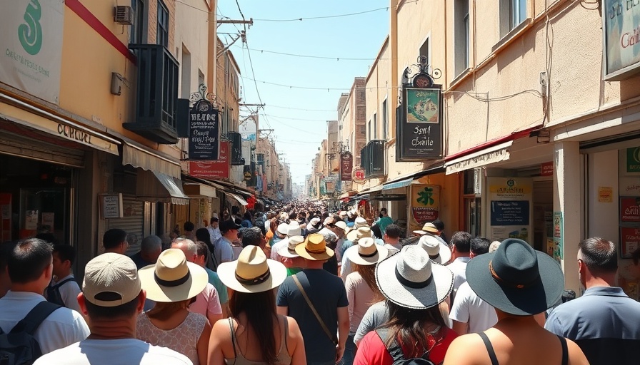 Crowded tourist street at a cruise port with bustling shops.