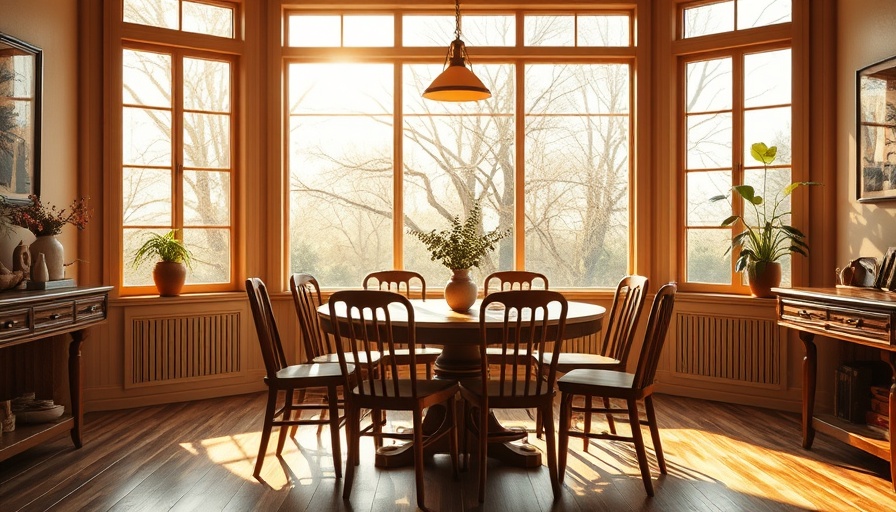 Bright dining area with wooden table and chairs, large window view.
