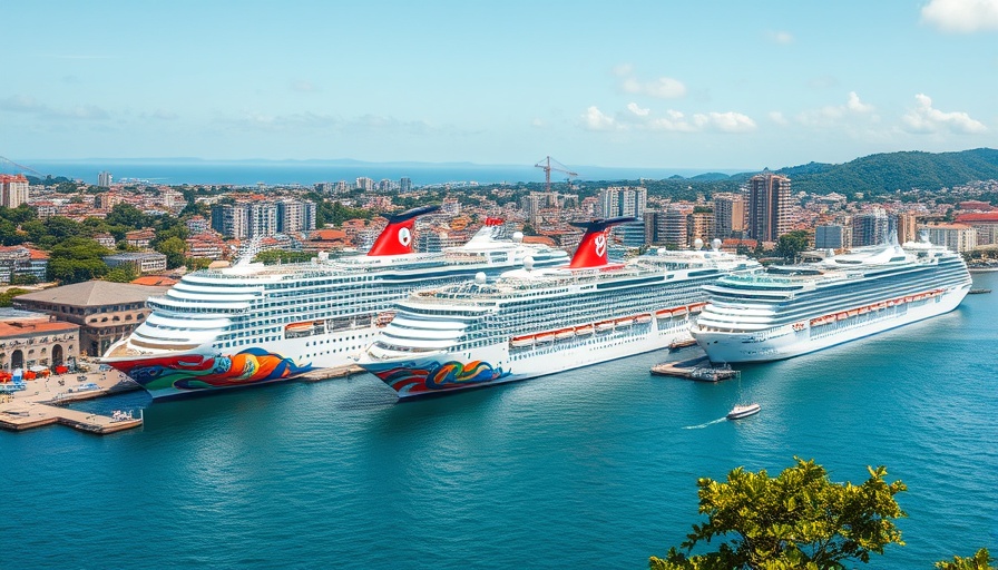 Cartagena cruise tourism with three vibrant cruise ships docked in harbor.