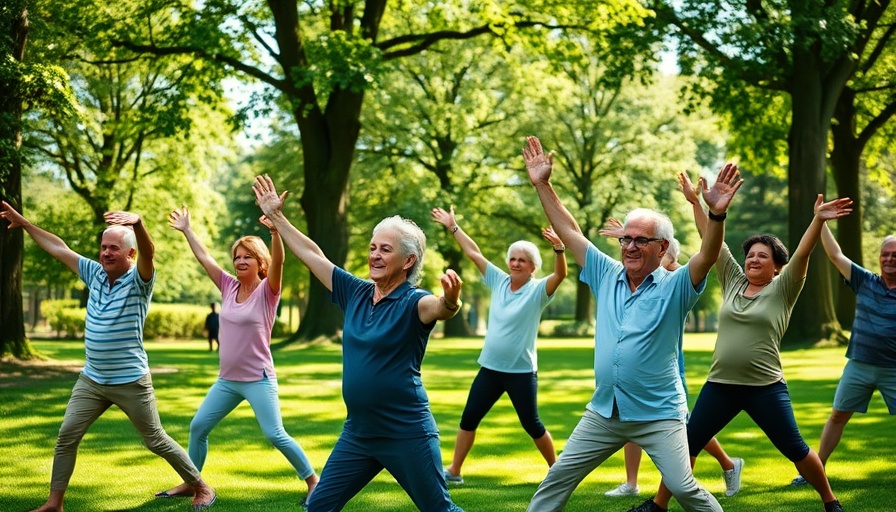 Seniors enjoying the benefits of fresh air by stretching in a park.