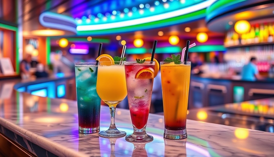 Vibrant Royal Caribbean non-alcoholic drinks on a bar with menu