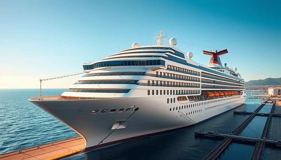 Innovative Royal Caribbean cruise ship in port with ocean view.