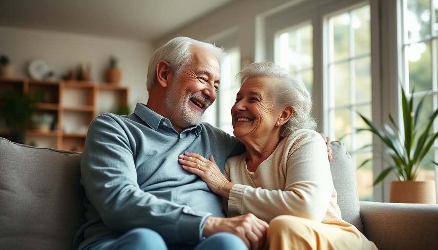 Smiling older couple relaxing for a weekend reset on a couch.
