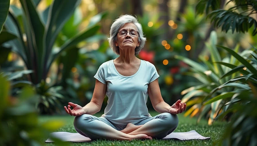 Older woman meditates in lush garden, menopause weight gain concept.