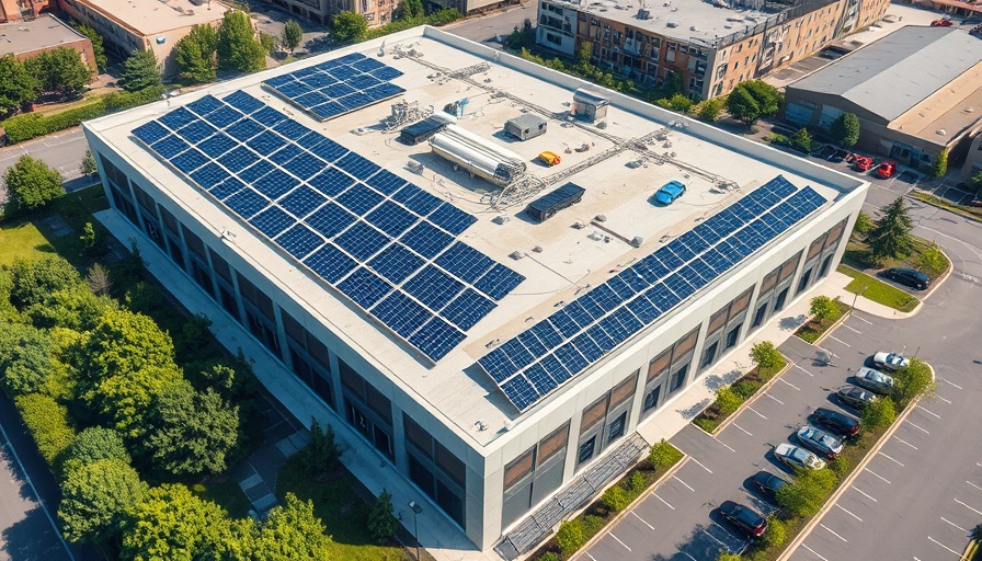 Aerial view of solar panels on a commercial property roof for sustainability upgrades in investments.