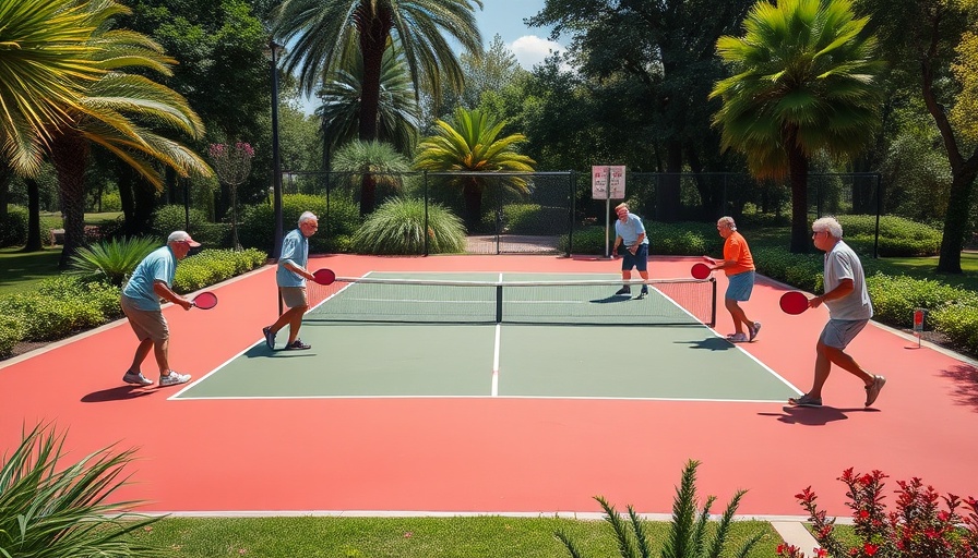 Retirees playing pickleball on a colorful court surrounded by greenery.
