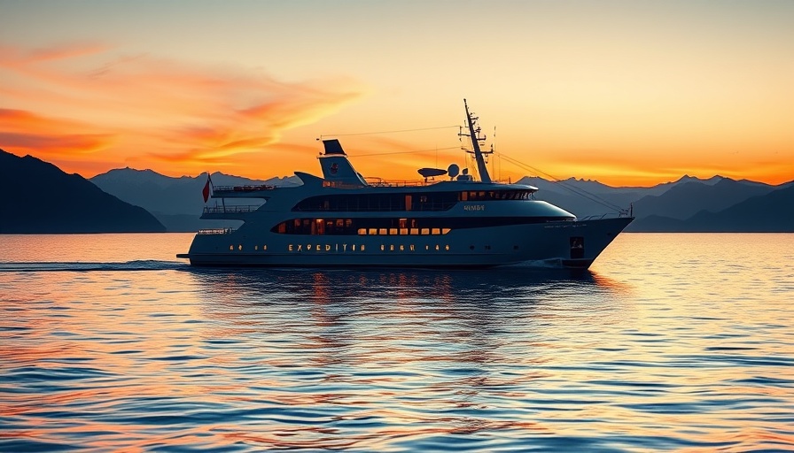 Expedition ship at sunset symbolizing biofuel trial sustainability.