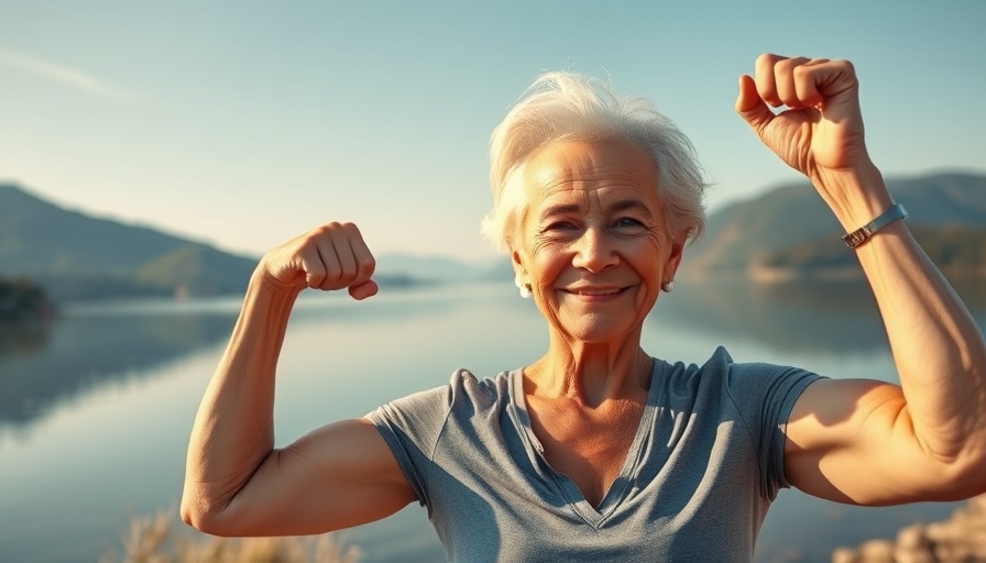 Fit older woman flexing muscles by a lake, showing strength.