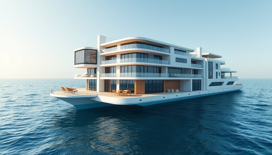 Luxurious floating residences at sea, serene backdrop.